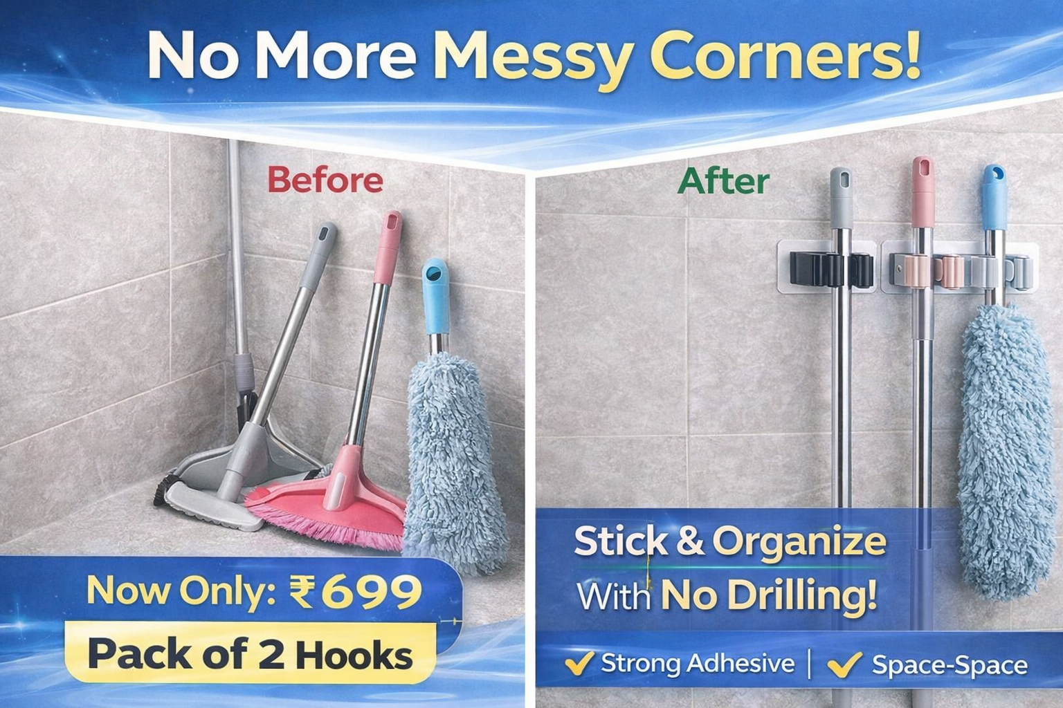 Smart Wall-Mounted Mop & Broom Holder – No Drill (Pack of 2)