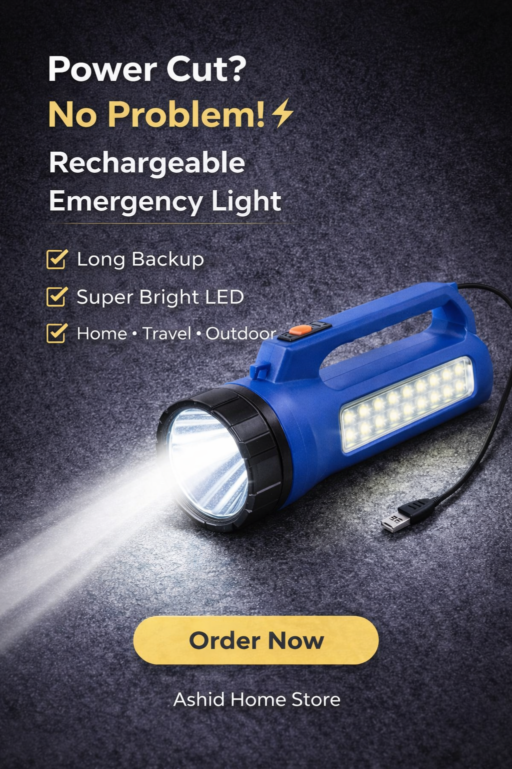 Rechargeable LED Emergency Torch – Long Range + 22 SMD Side Lights