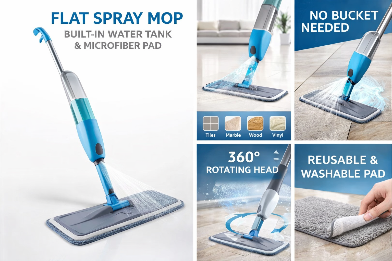 All-Floor Spray Mop with Built-In Water Spray & Microfiber Cleaning Pad