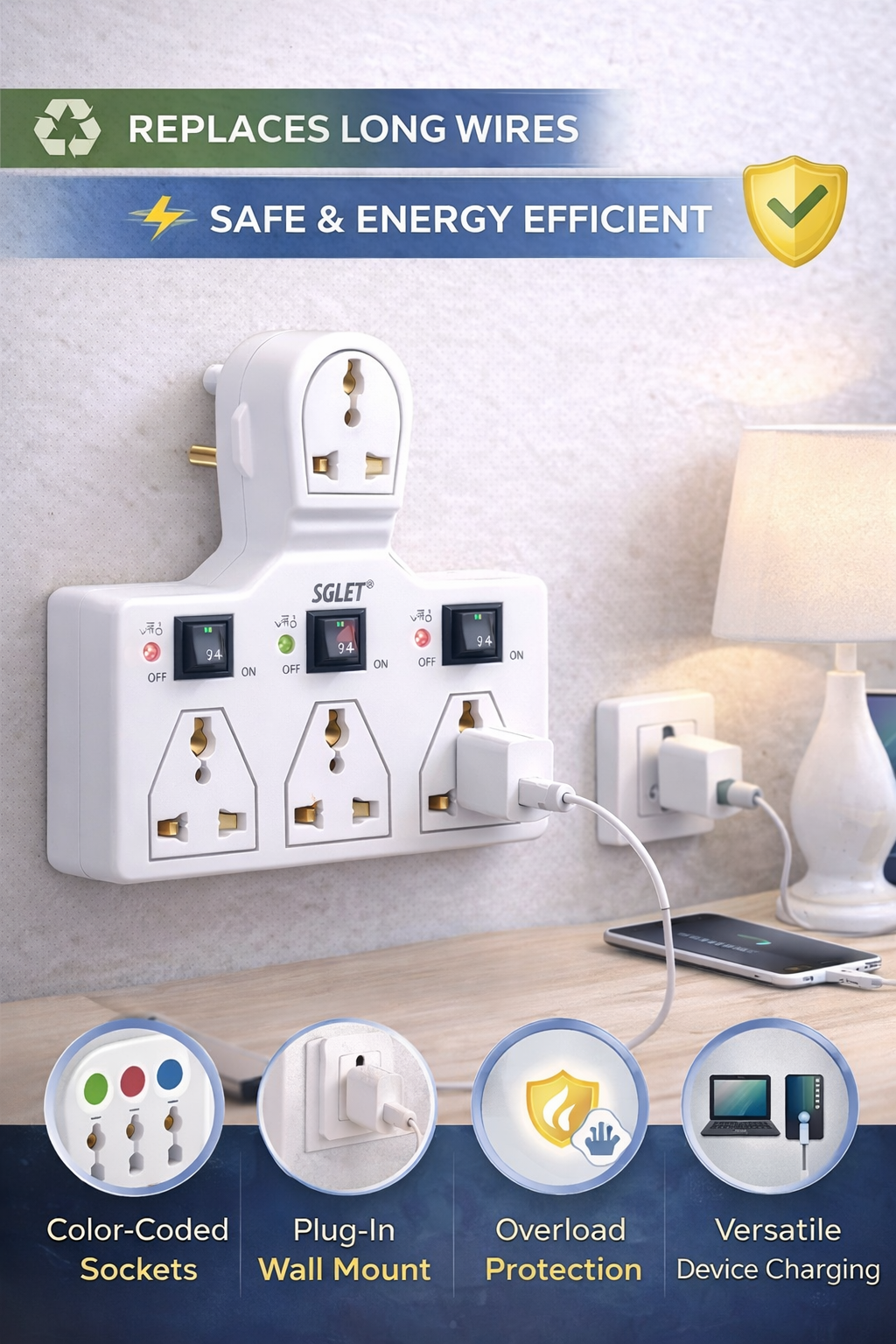 Multi Plug Extension Board with Individual Switches – Safe Power Adapter