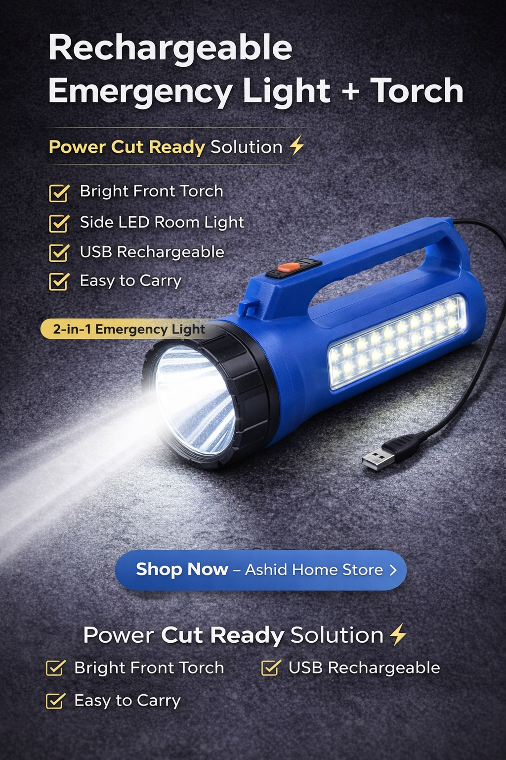 Rechargeable LED Emergency Torch – Long Range + 22 SMD Side Lights