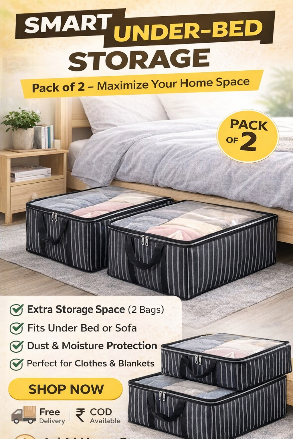Under-Bed Storage Organizer Bags (Pack of 2) | Space-Saving Clothes Storage