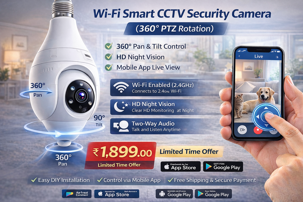 Wi-Fi Smart CCTV Security Camera (360° PTZ Rotation) – HD Night Vision | Mobile App Control