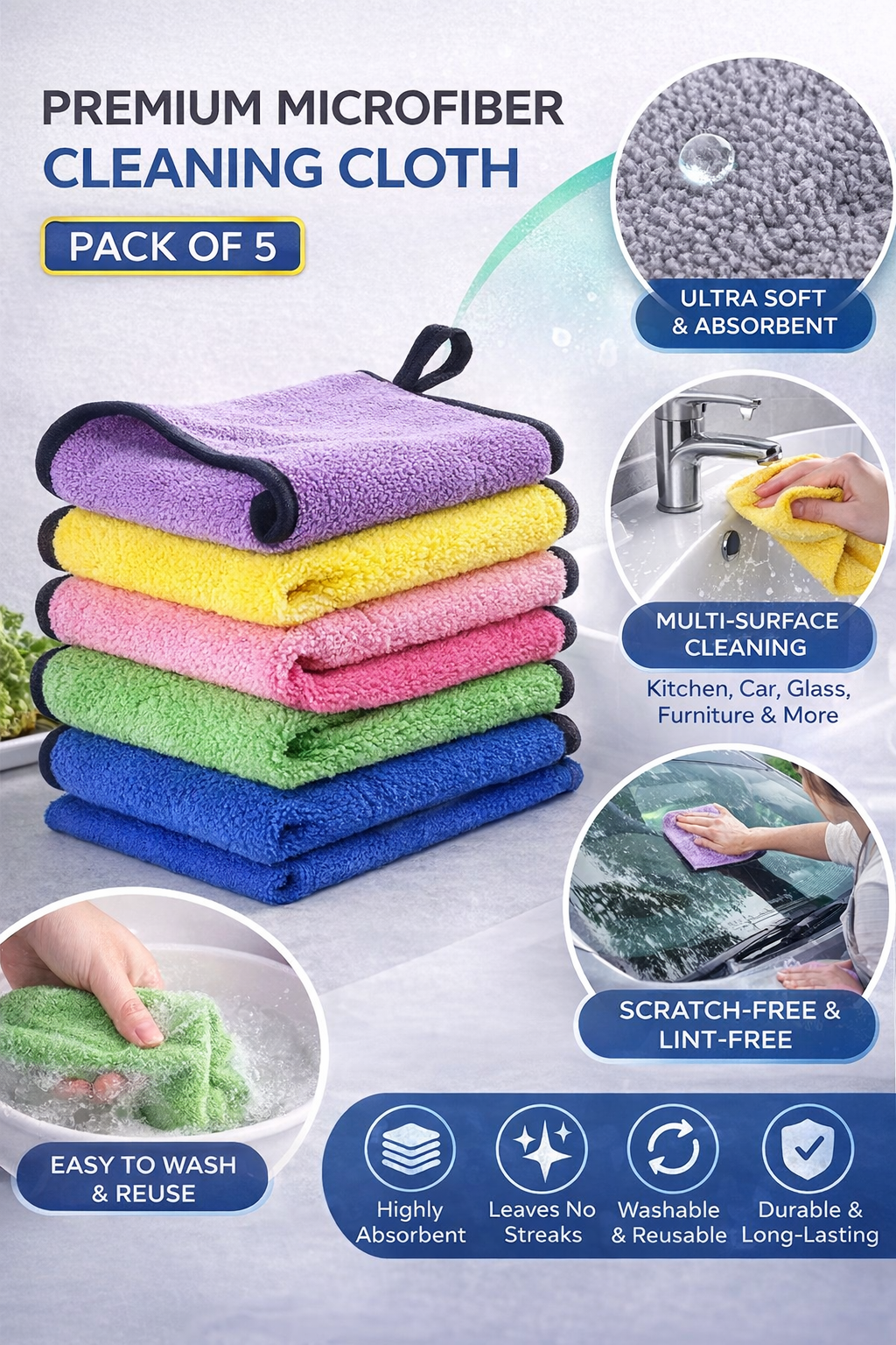 Premium Microfiber Cleaning Cloth – Pack of 5 (Multi-Purpose Use)