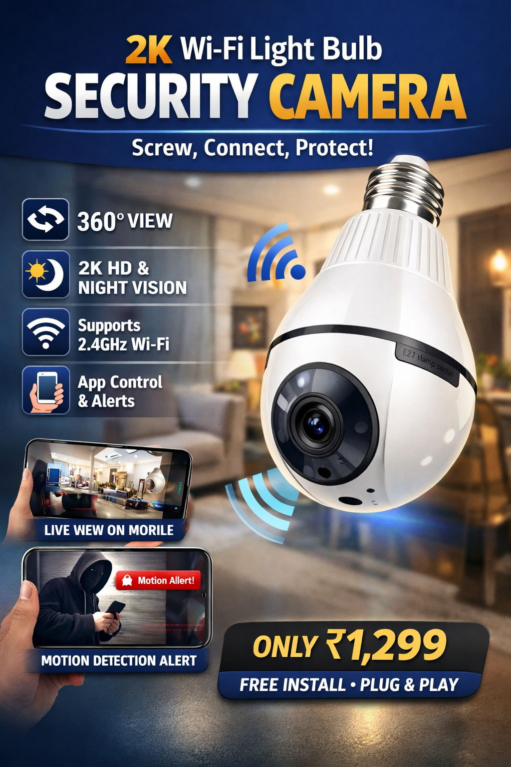 2K Wi-Fi Light Bulb Security Camera (Indoor & Sheltered Outdoor)
Smart • Wireless • Easy Installation