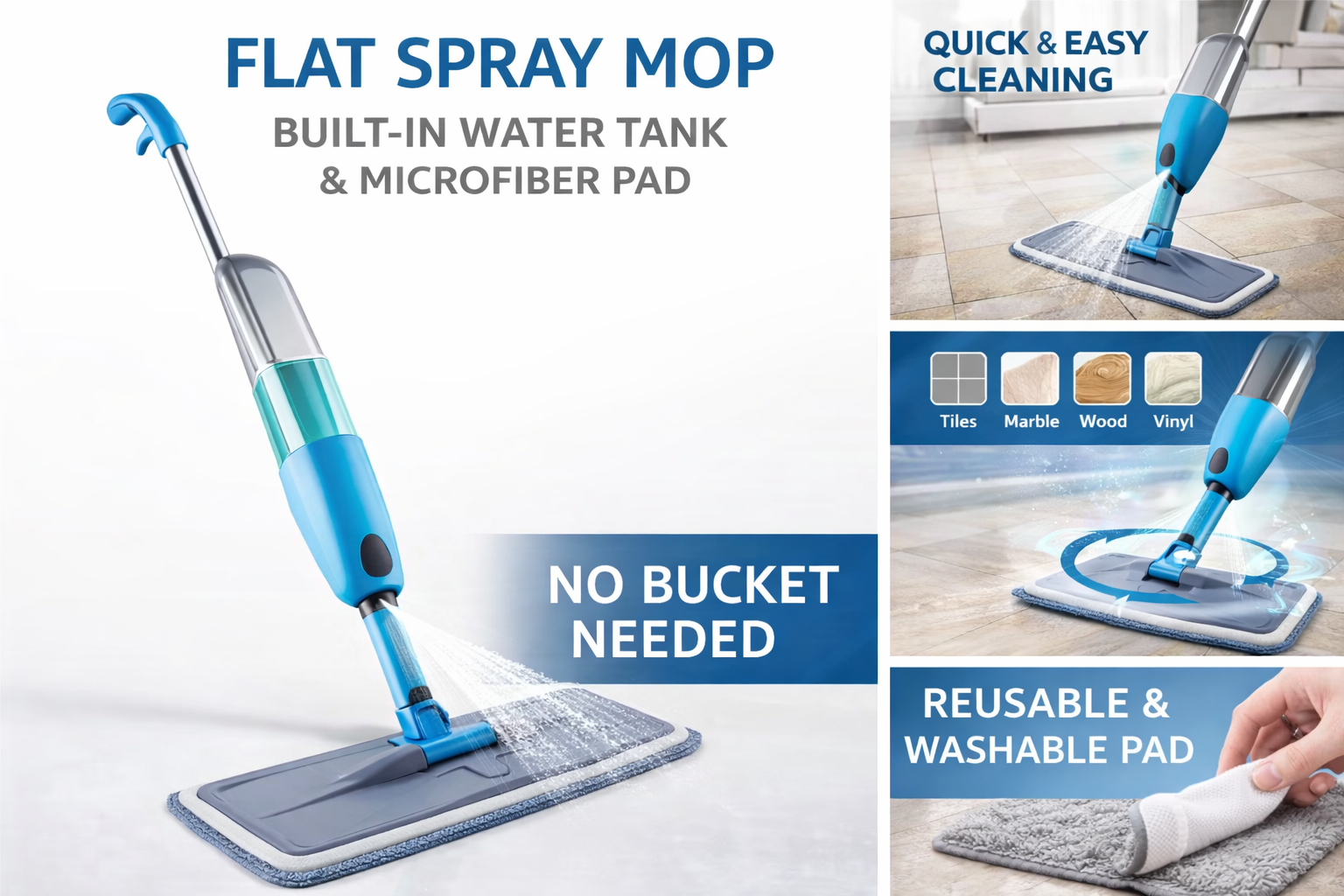 All-Floor Spray Mop with Built-In Water Spray & Microfiber Cleaning Pad