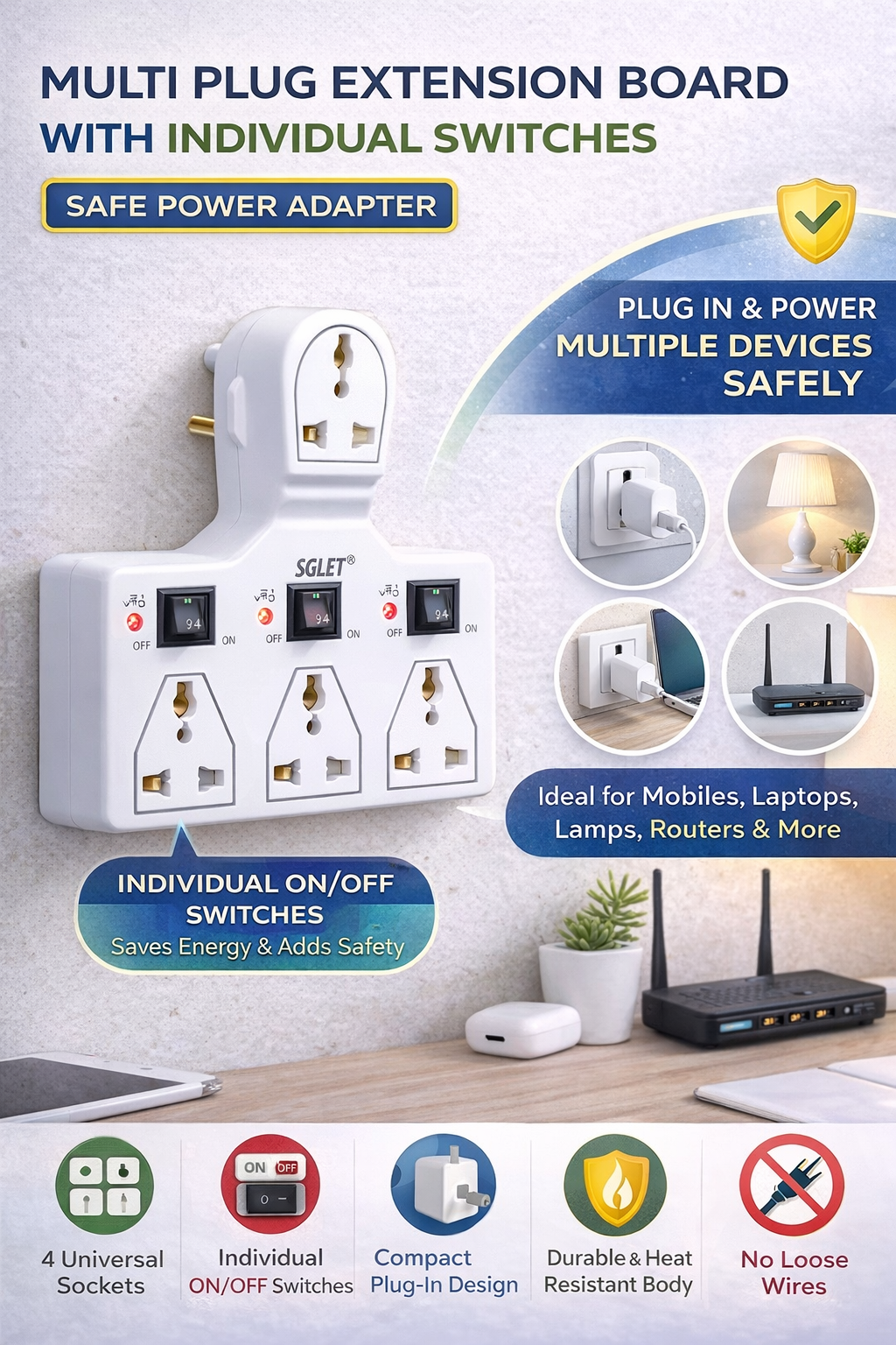 Multi Plug Extension Board with Individual Switches – Safe Power Adapter
