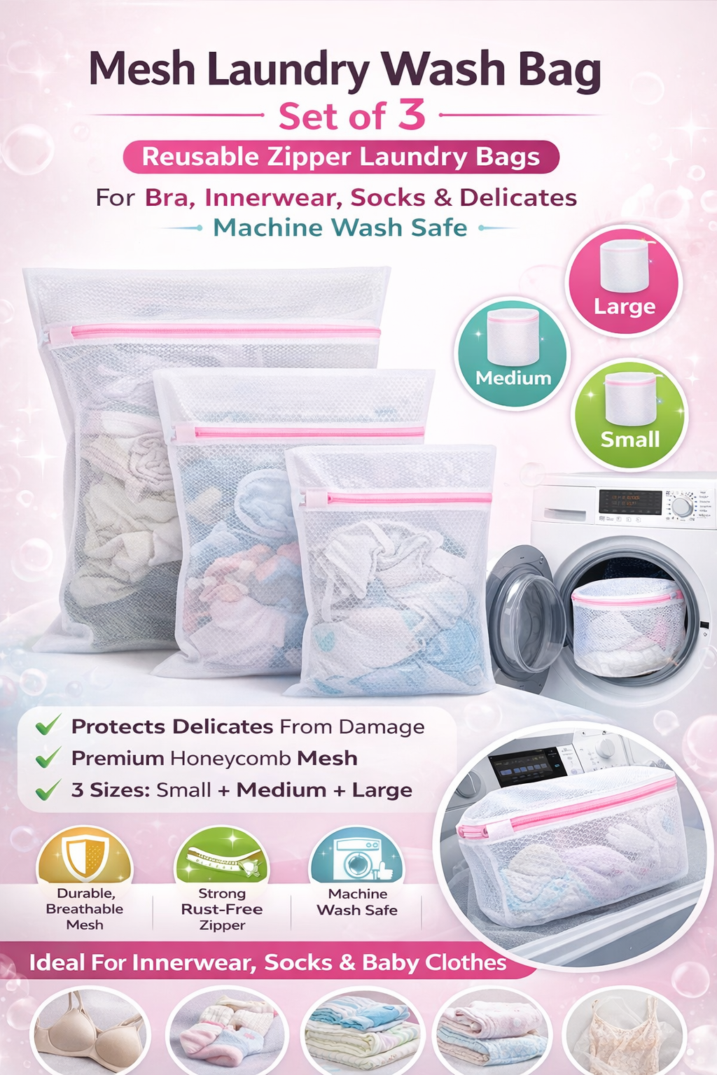 Mesh Laundry Wash Bag Set of 3 | Reusable Zipper Laundry Bags for Bra, Innerwear, Socks & Delicates | Machine Wash Safe