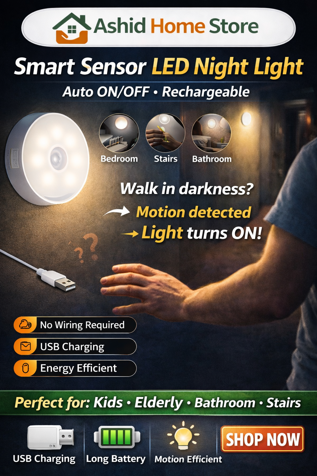 Smart Motion Sensor LED Night Light – Auto ON/OFF (Rechargeable)