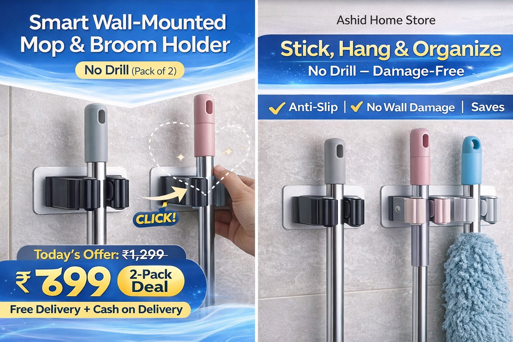 Smart Wall-Mounted Mop & Broom Holder – No Drill (Pack of 2)
