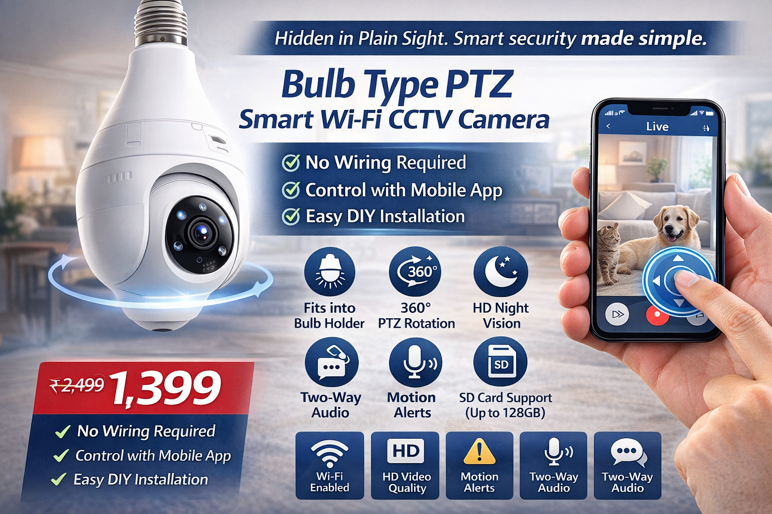 Bulb Type PTZ Smart Wi-Fi CCTV Camera