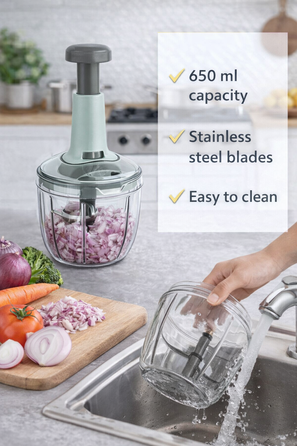 Premium Manual Hand-Press Vegetable Chopper – 650 ml