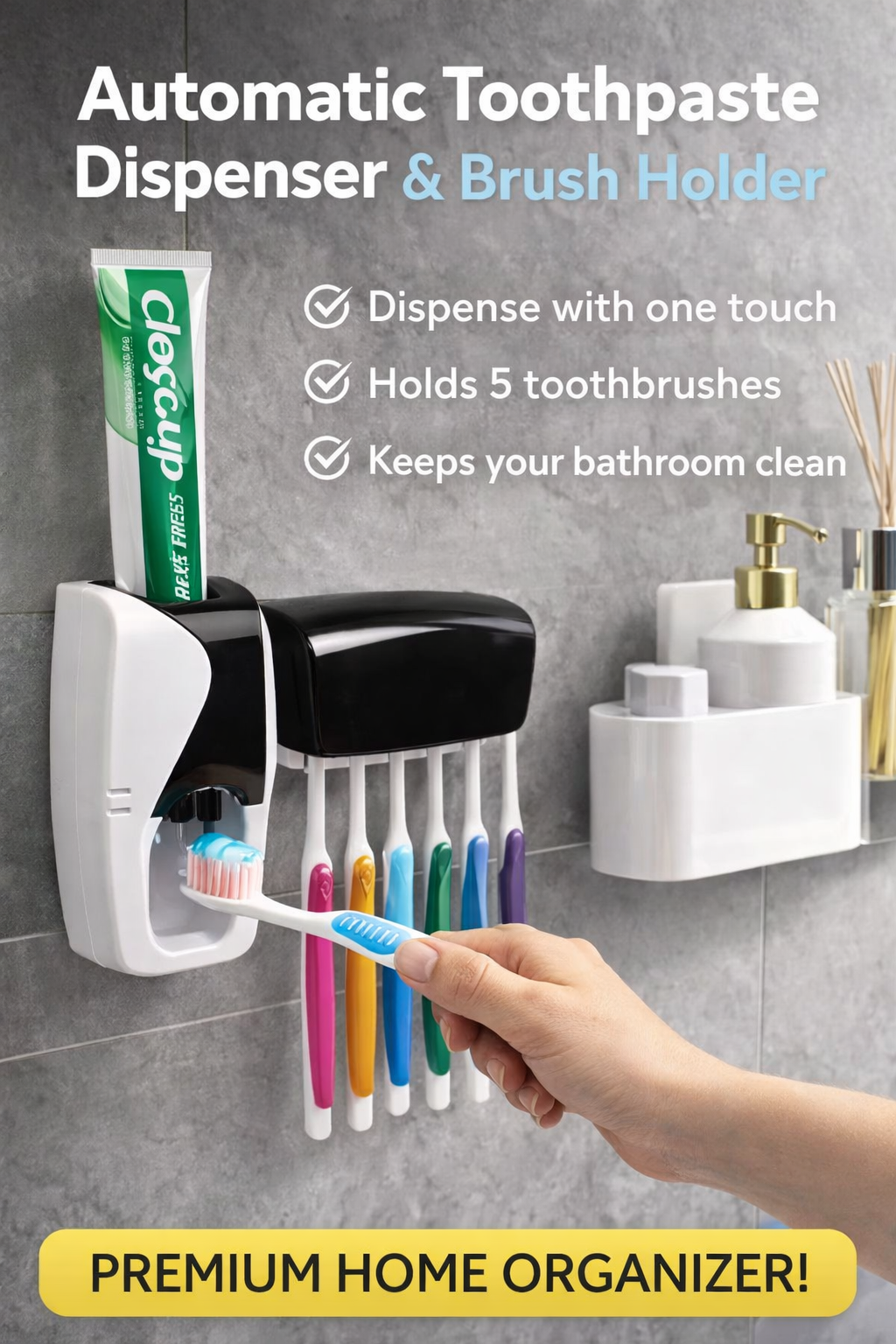Premium Automatic Toothpaste Dispenser & 5-Toothbrush Holder