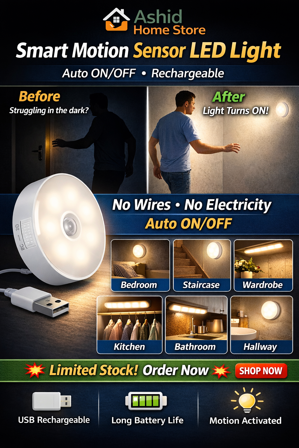 Smart Motion Sensor LED Night Light – Auto ON/OFF (Rechargeable)