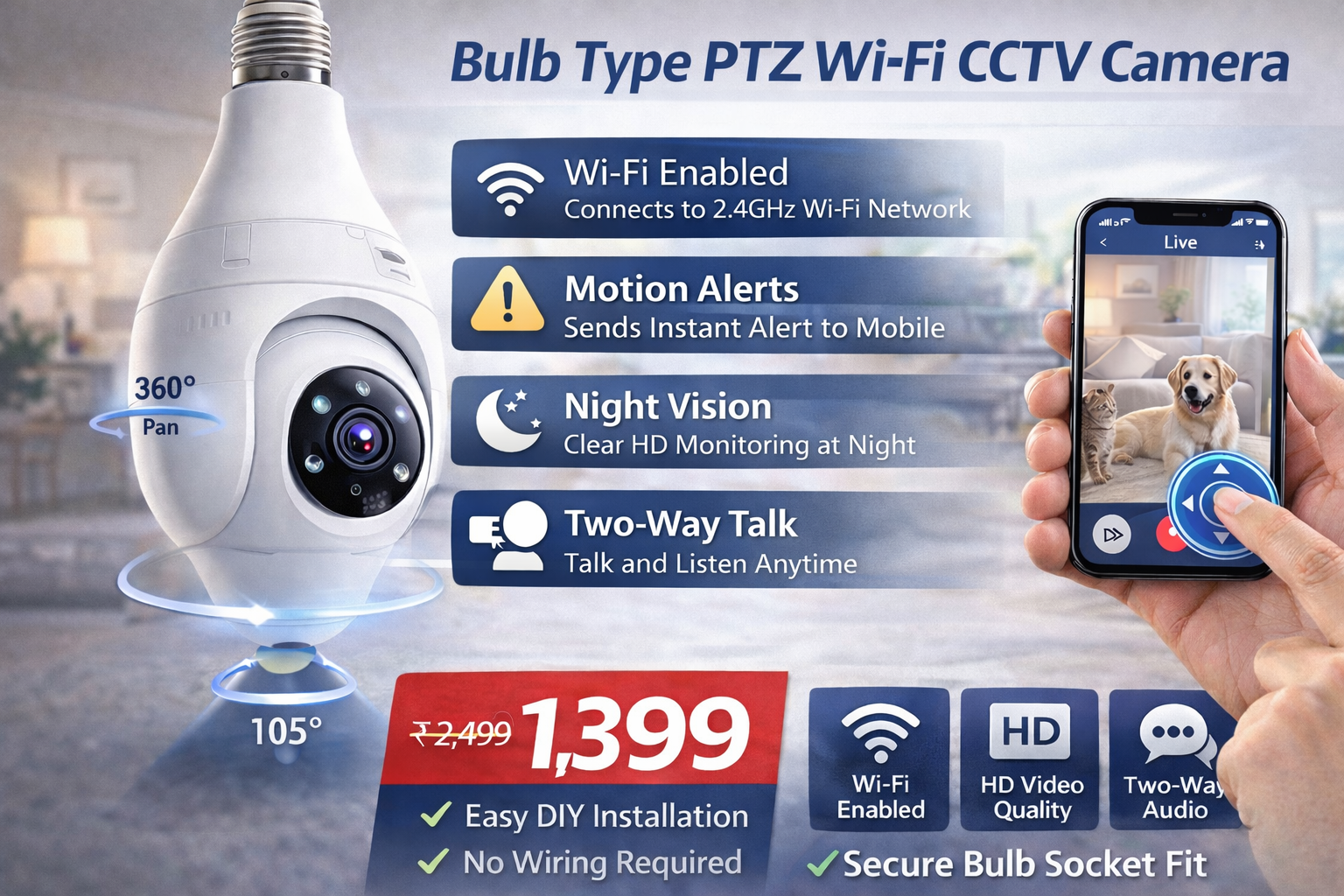 Bulb Type PTZ Smart Wi-Fi CCTV Camera